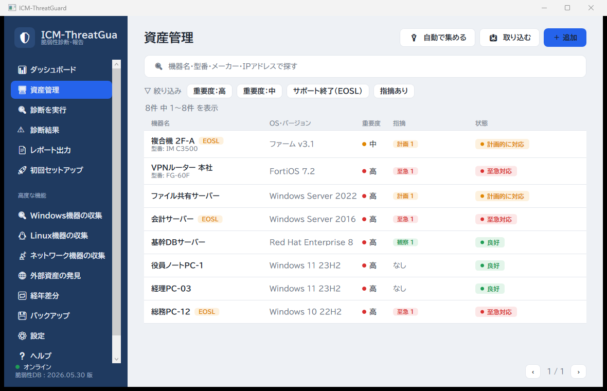 ICM-ThreatGuard 資産管理。機器名・OS/バージョン・重要度・指摘・状態を一覧表示し、重要度やEOSLで絞り込み（ダミーデータ）